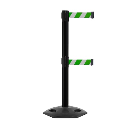 Montour Line Stanchion Dual Belt Barr. Rubber Base Black Post 9ft.Grn/Wh Belt P400DHDRB-BK-GWD-90